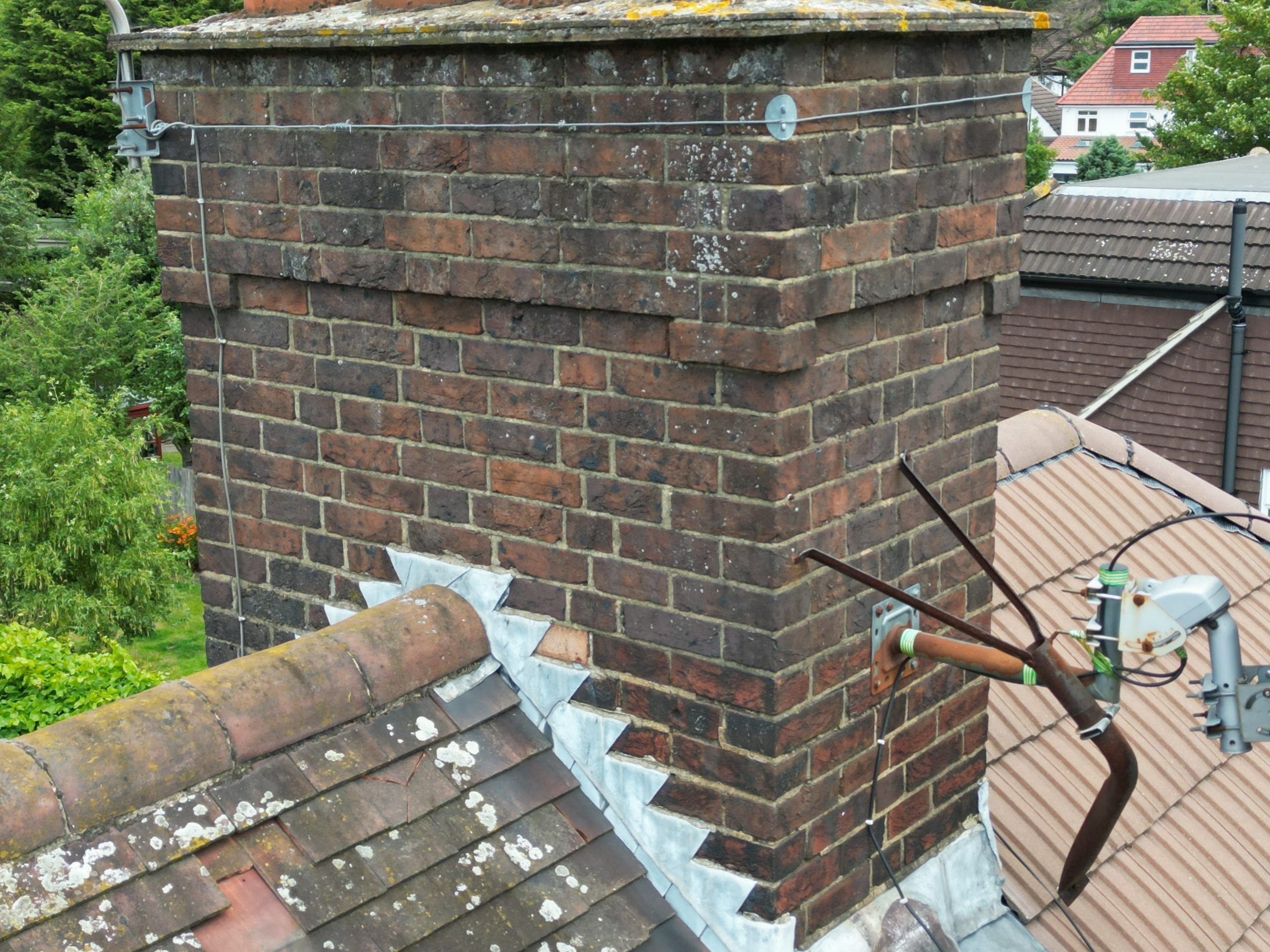 View of a chimney stack and flashing.